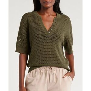 Varley Callie 100% Cotton Open Stitch Knit Top Army Green Medium EXCELLENT